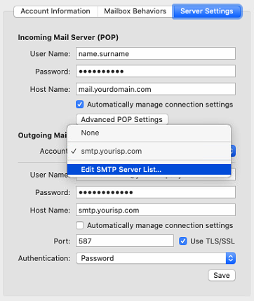 Mail OS X - Comptes - Paramètres du serveur - Modifier les paramètres SMTP