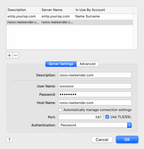 Mail OS X - Comptes - Paramètres du serveur - Liste des serveurs SMTP