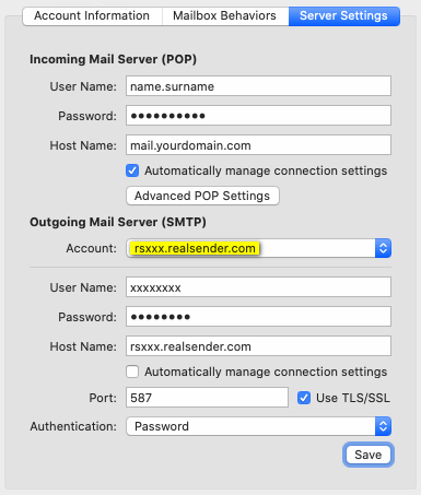 Mail OS X - Comptes - Paramètres du serveur
