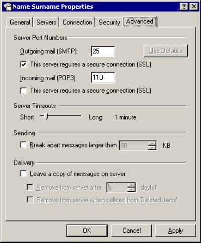 Outlook Express - Comptes Internet - Courrier - Propriétés - Avancé