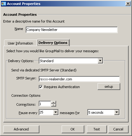 GroupMail - Propriétés du compte - Options de livraison