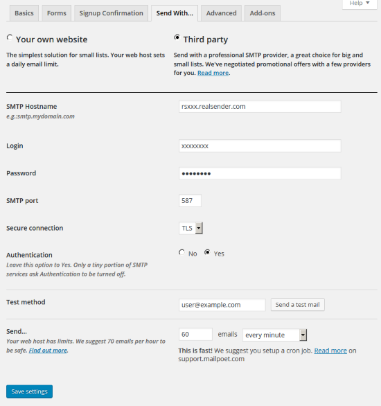 mailpoet - paramètres - envoyer avec