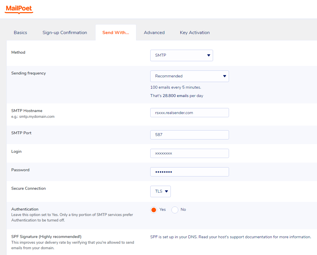 mailpoet - paramètres - envoyer via - smtp